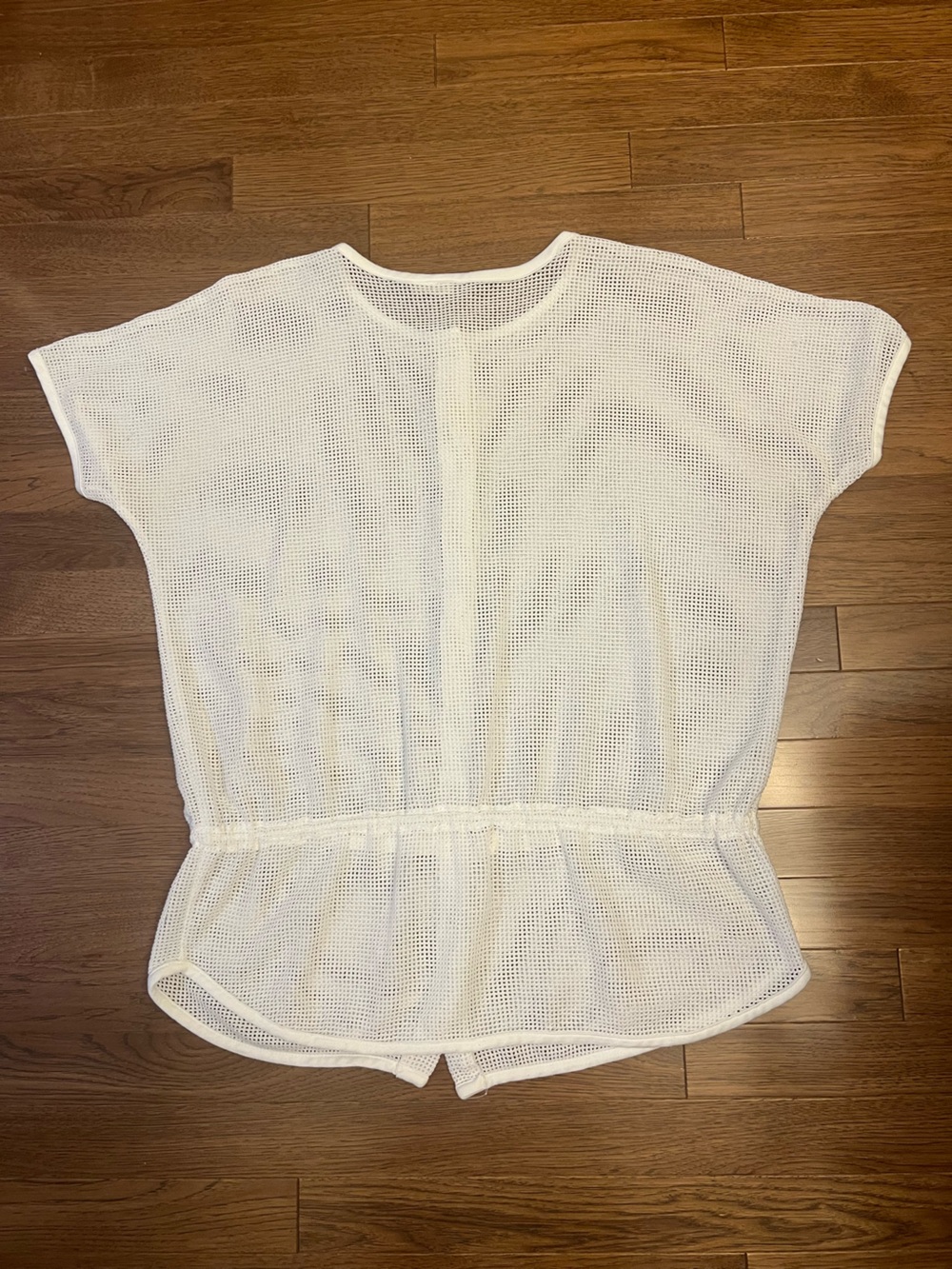 White Short-Sleeve Button-Front Drawstring Mesh Top/Bathing Suit Cover - Picture 4 of 8